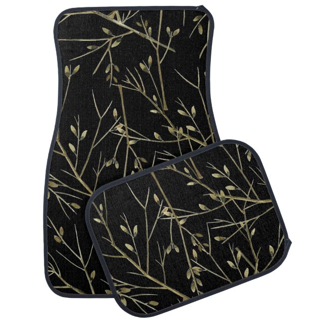 Gold Twigs on Black Car Floor Mat (Set)