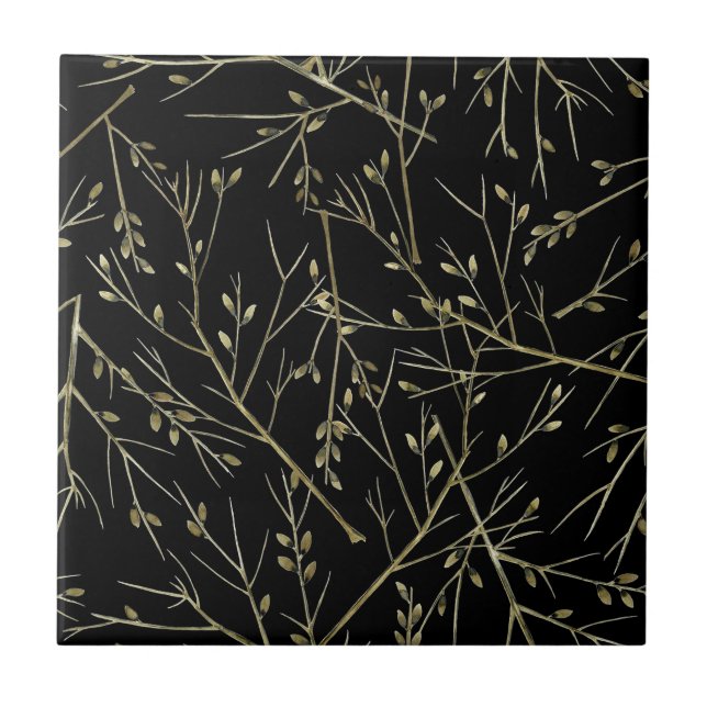 Gold Twigs on Black Ceramic Tile (Front)