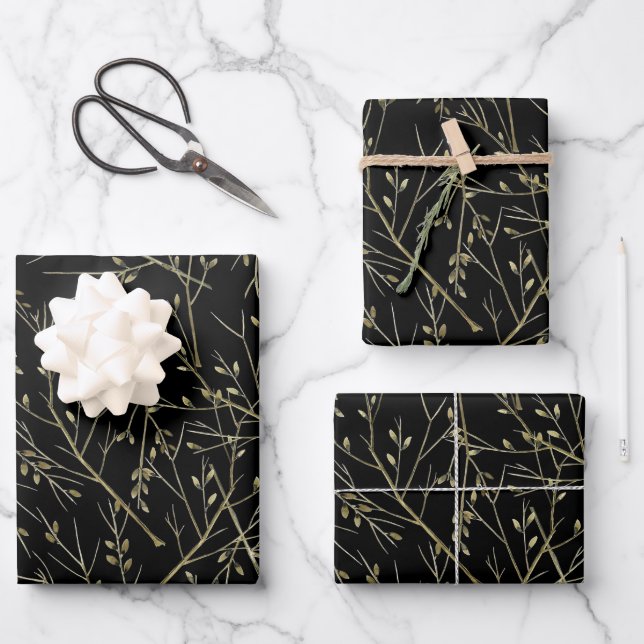 Gold Twigs on Black Wrapping Paper Sheets (Front)