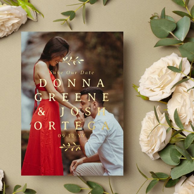 Gold Twigs Typography Photo QR Code Save Our Date Foil Invitation (Creator Uploaded)