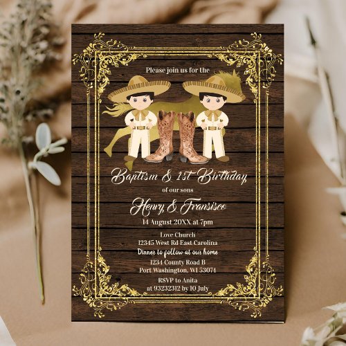 Gold Twin Boy Baptism and Birthday Rustic Wood Invitation