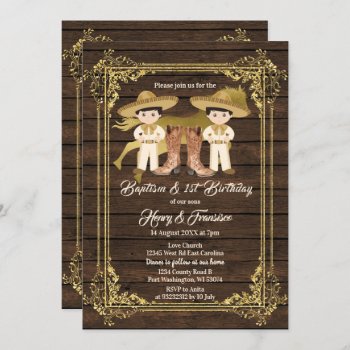Gold Twin Boy Baptism And Birthday Rustic Wood Invitation by HappyPartyStudio at Zazzle