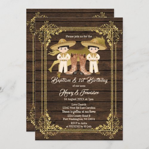 Gold Twin Boy Baptism and Birthday Rustic Wood Invitation