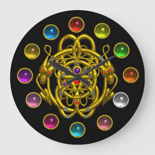 GOLD TWIN DRAGONS PRINTED COLORFUL GEMSTONES LARGE CLOCK