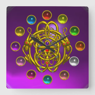 GOLD TWIN DRAGONS PRINTED COLORFUL GEMSTONES SQUARE WALL CLOCK