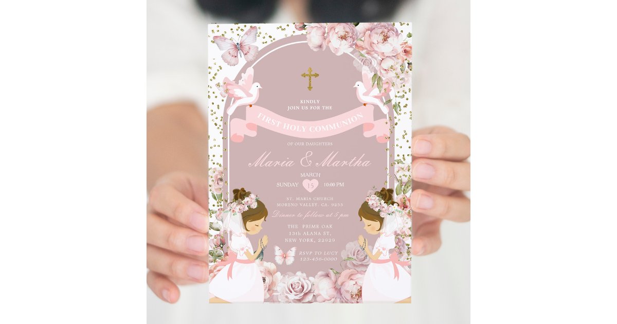 Gold TWIN Girl Praying First Holy Communion Floral Invitation | Zazzle