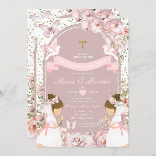 Gold TWIN Girl Praying First Holy Communion Floral Invitation
