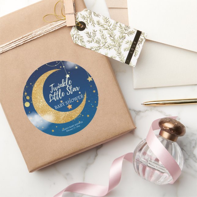 Gold Twinkle Little Star Dreamy Baby Shower Classic Round Sticker (Gifting)