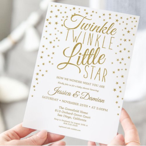 Gold Twinkle Little Star Gender Reveal Baby Shower Invitation