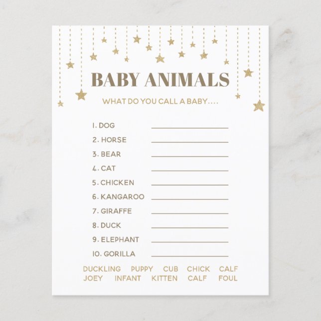 Gold Twinkle Little Star Shower Baby Animals Game (Front)