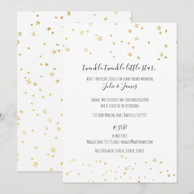 Gold Twinkle Little Stars Baby Shower Invitations (Front/Back)