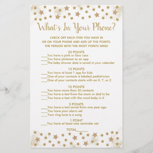 Gold Twinkle Star What's In Your Phone Game (Front)
