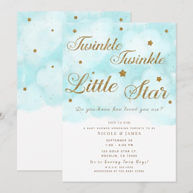 Gold Twinkle Stars & Blue Sky Clouds Baby Shower Invitation (Front/Back)