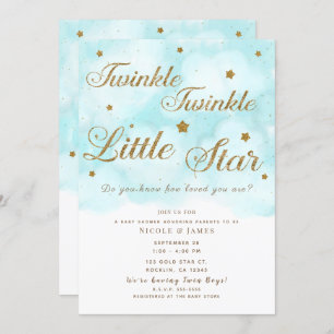 Gold Twinkle Stars & Blue Sky Clouds Baby Shower Invitation
