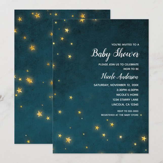 Gold Twinkle Stars Celestial Sky Baby Shower Invitation (Front/Back)