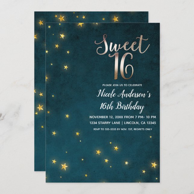 Gold Twinkle Stars Celestial Sky Sweet 16 Party Invitation (Front/Back)