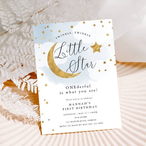 Gold Twinkle Stars ONEderful Blue First Birthday  Invitation