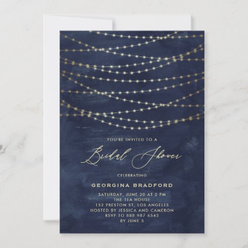 Gold Twinkle String Lights Navy Blue Bridal Shower Invitation