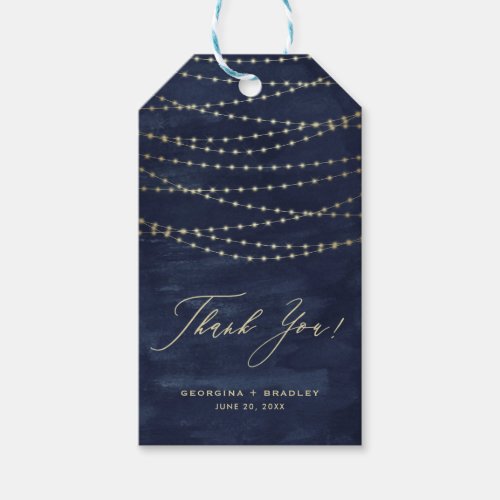 Gold Twinkle String Lights Navy Blue Thank You Gift Tags