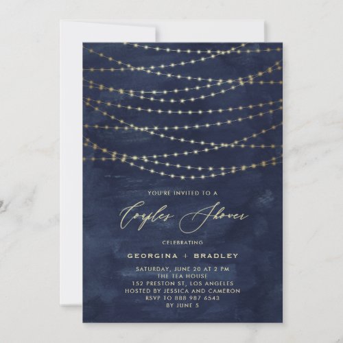 Gold Twinkle String Lights Rustic Couples Shower Invitation