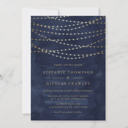 Gold Twinkle String Lights Watercolor Blue Wedding Invitation