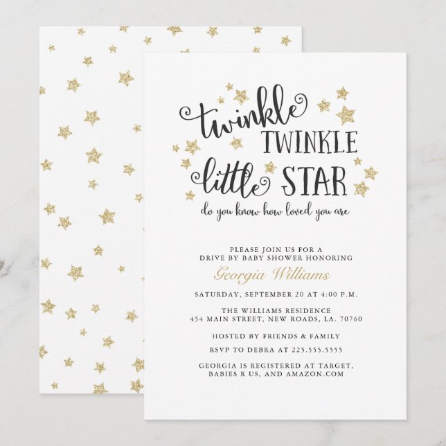 Gold Twinkle Twinkle Drive By Baby Shower Invitation (Front/Back)