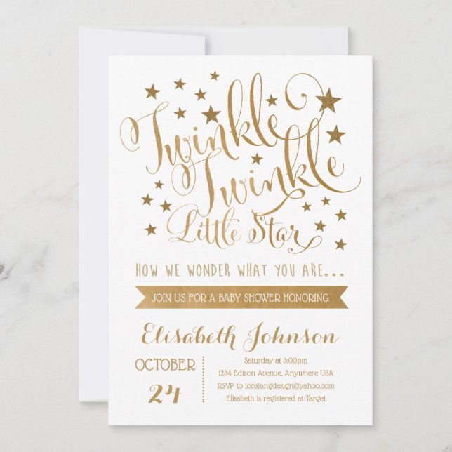 Gold Twinkle Twinkle Little Star Baby Shower Invitation (Front)