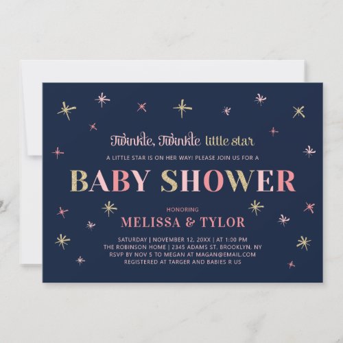 Gold Twinkle Twinkle Little Star Girl Baby Shower Invitation