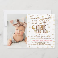 Gold Twinkle Twinkle Little Star Photo Birthday Invitation