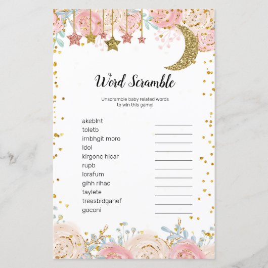 Gold twinkle twinkle Watercolor Word Scramble Game (Front)