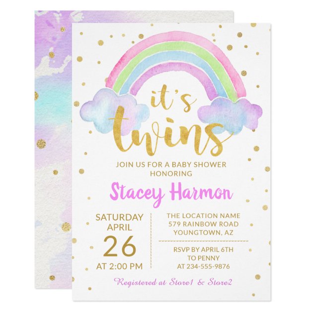 Gold Twins Pastel Watercolor Rainbow Baby Shower Invitation