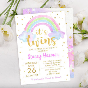 Gold Twins Pastel Watercolor Rainbow Baby Shower Invitation