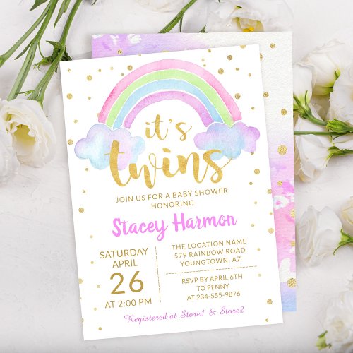 Gold Twins Pastel Watercolor Rainbow Baby Shower Invitation