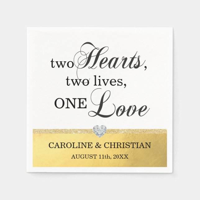Gold Two Heart Two Lives One Love Heart Wedding Napkins (Front)