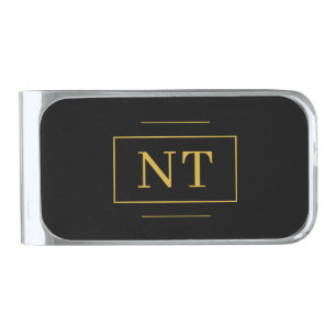 Gold Two Initial Monogram Frame Black Silver Finish Money Clip