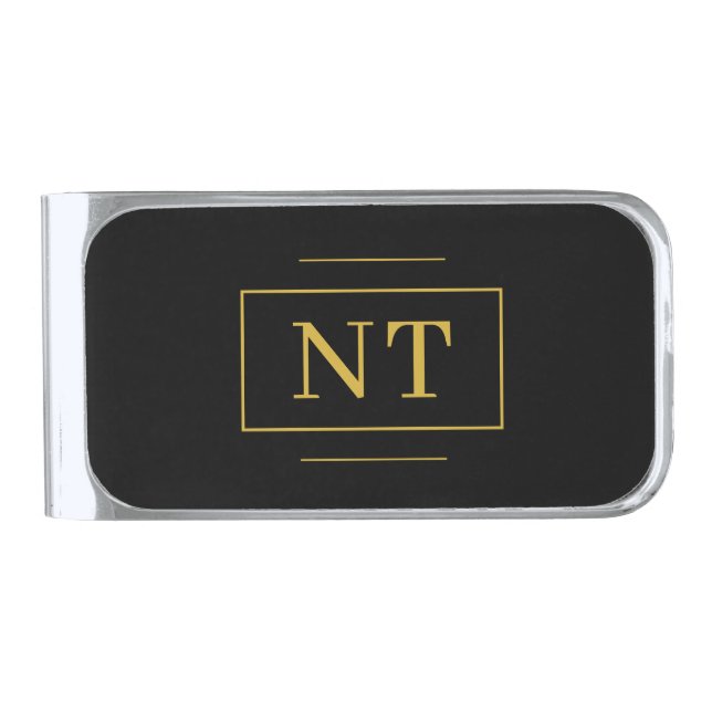 Gold Two Initial Monogram Frame Black Silver Finish Money Clip (Front)
