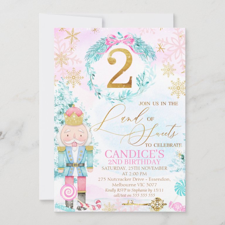 Gold Two Land of Sweets Nutcracker Birthday Invitation