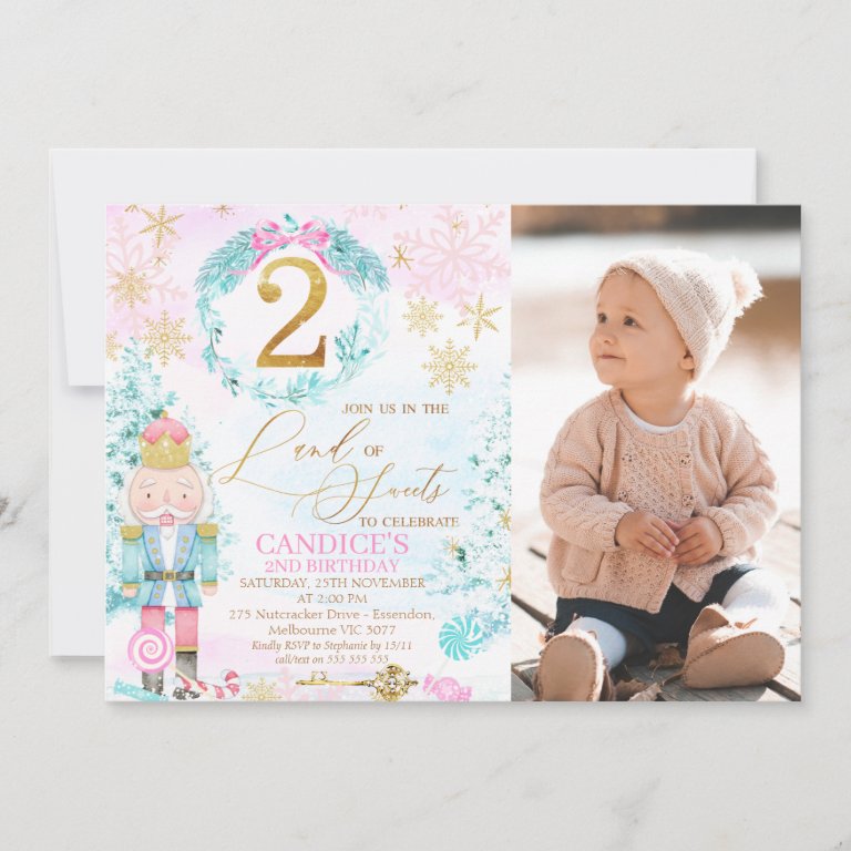 Gold Two Land of Sweets Nutcracker Photo Birthday Invitation