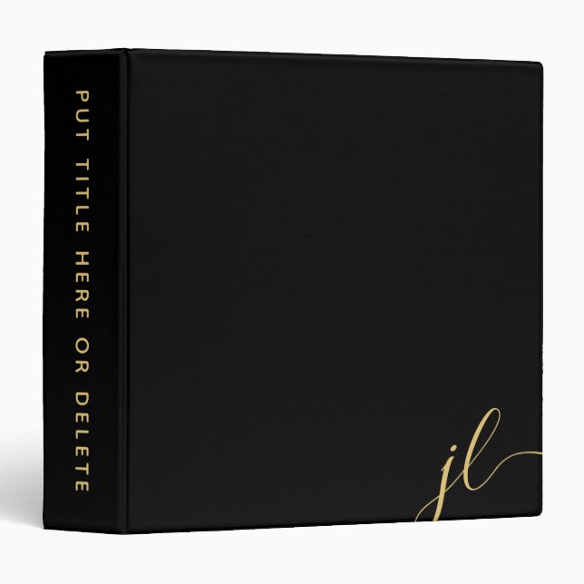 Gold Two Letter Script Monogram Black 3 Ring Binder (Front/Spine)