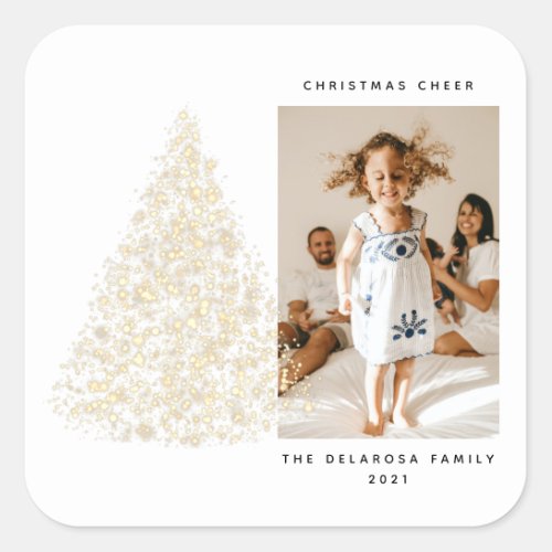 Gold Two_Picture Photo Christmas Cheer Holiday  Sq Square Sticker