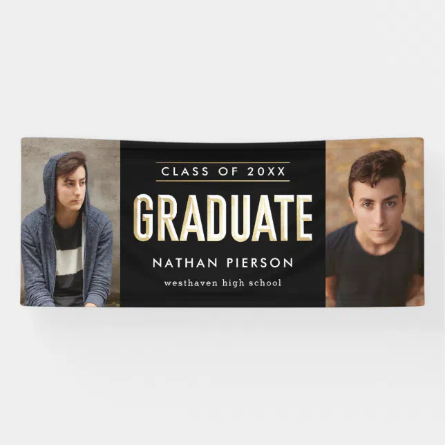 Gold Type Black Two Photo Graduation Banner | Zazzle