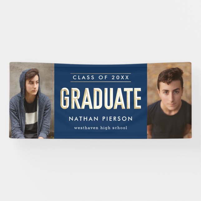 Gold Type Blue Two Photo Graduation Banner (Horizontal)
