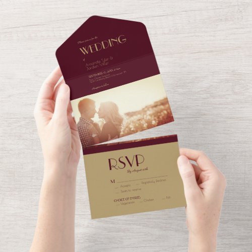 Gold Type Deco  Burgundy Photo Wedding All In One Invitation