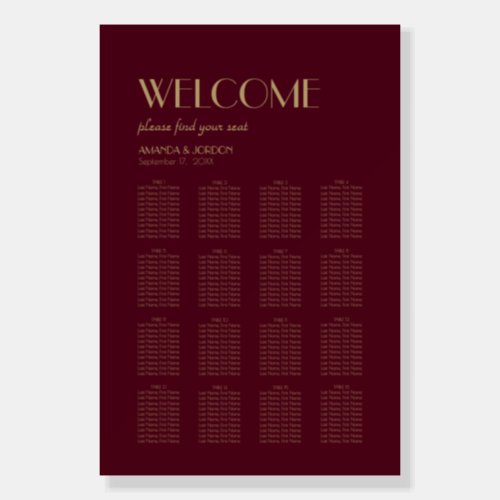 Gold Type Deco  Burgundy Seat Plan Welcome Sign