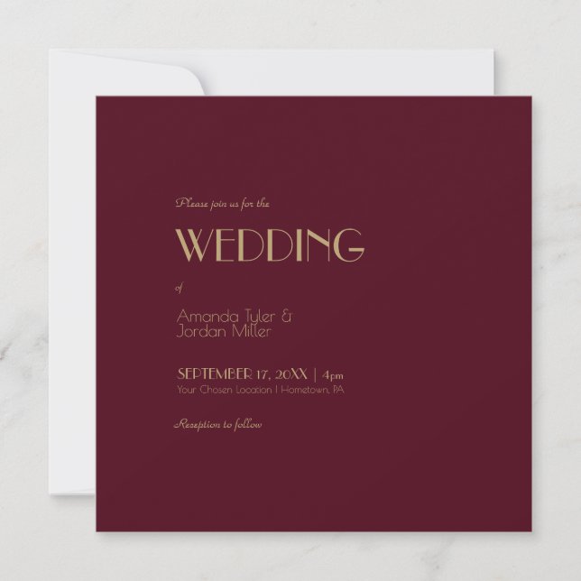 Gold Type Deco | Burgundy Square All One Wedding Invitation (Front)
