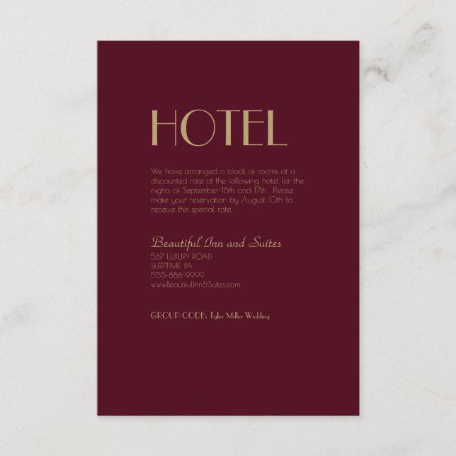 Gold Type Deco | Burgundy Wedding Accommodation Enclosure Card (Front)