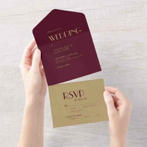 Gold Type Deco  Burgundy Wedding All In One Invitation