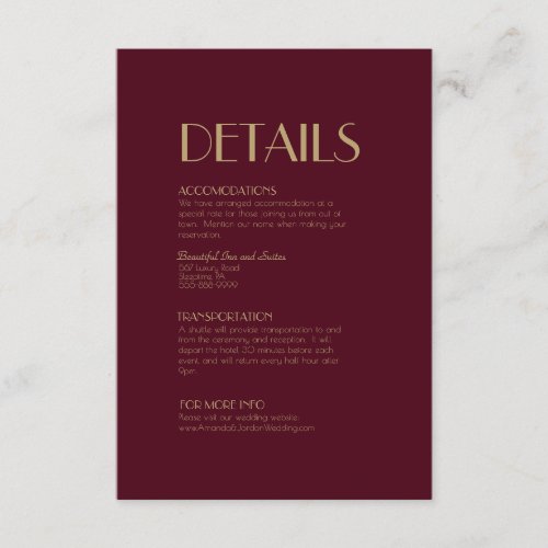 Gold Type Deco  Burgundy Wedding Details Enclosure Card