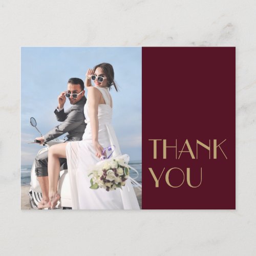 Gold Type Deco  Burgundy Wedding Photo Thank You Postcard