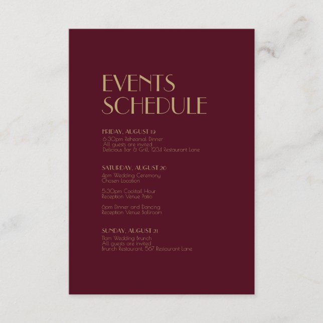 Gold Type Deco | Burgundy Wedding Schedule Enclosure Card (Front)